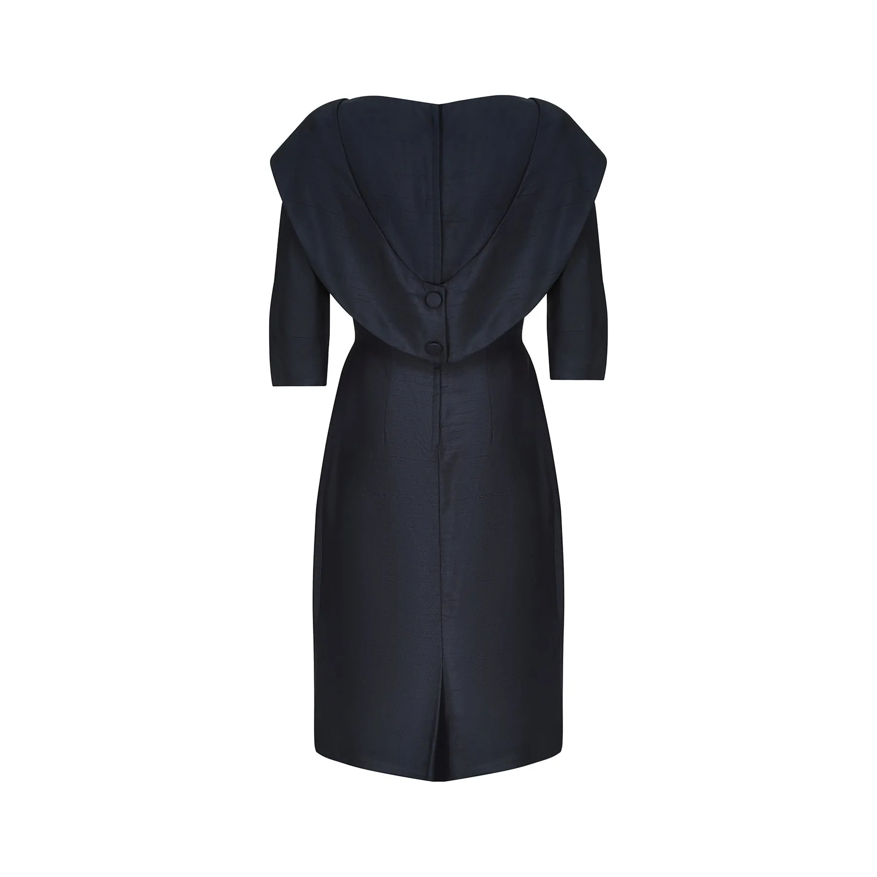 ARCHIVE: 1950s Navy Silk Shawl Collar Dress