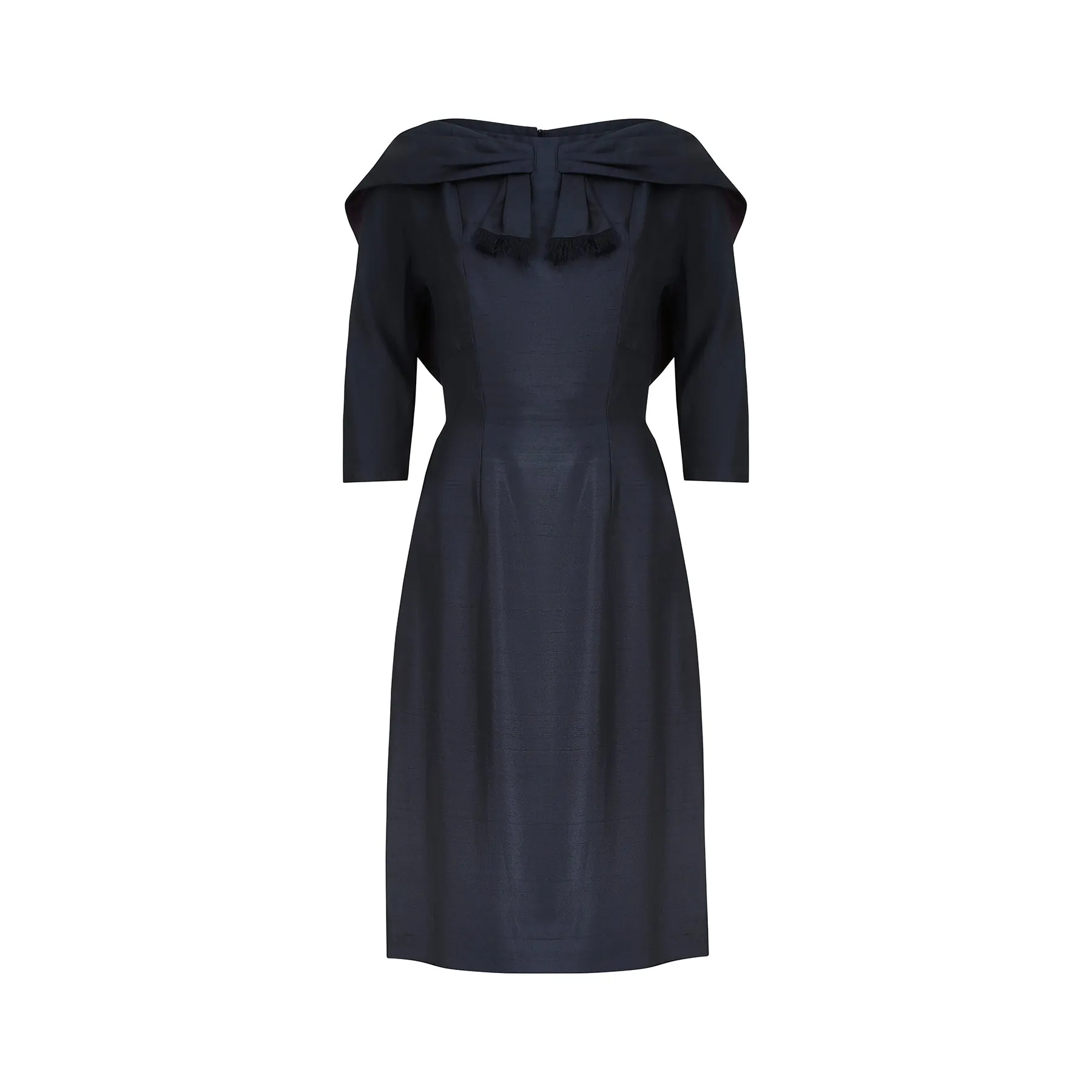 ARCHIVE: 1950s Navy Silk Shawl Collar Dress