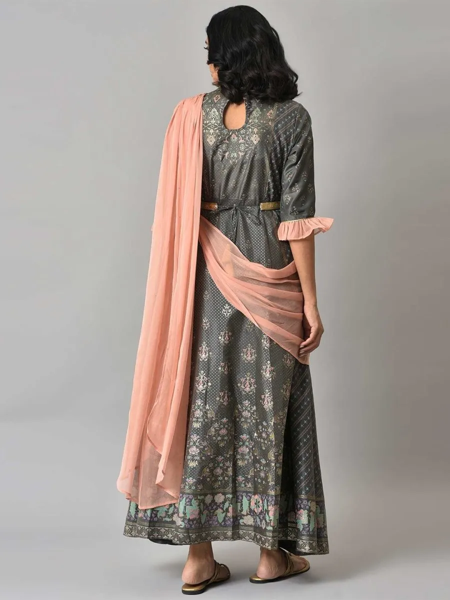 AURELIA Gunmetal-Toned & Peach-Coloured Ethnic Motifs Ethnic Maxi Ethnic Dress with Shawl