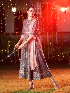 AURELIA Gunmetal-Toned & Peach-Coloured Ethnic Motifs Ethnic Maxi Ethnic Dress with Shawl