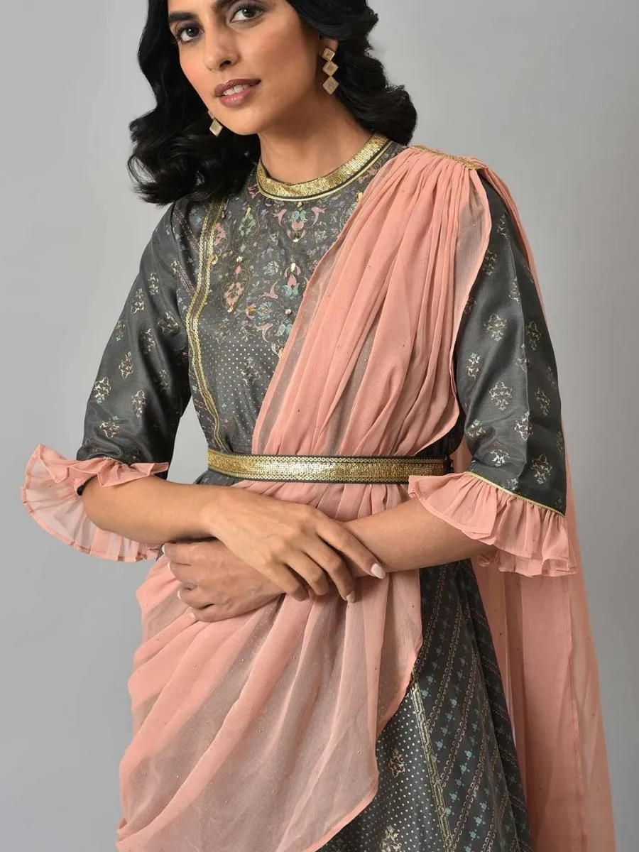 AURELIA Gunmetal-Toned & Peach-Coloured Ethnic Motifs Ethnic Maxi Ethnic Dress with Shawl