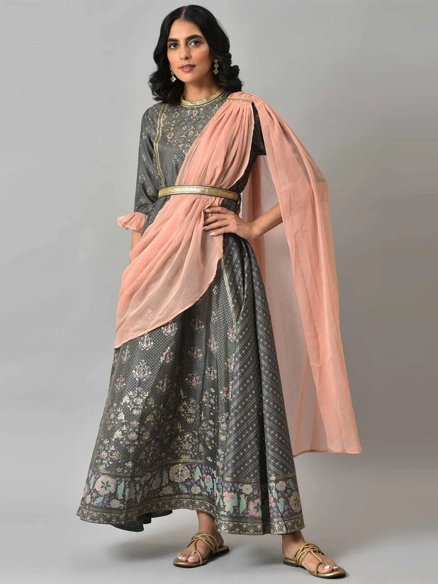 AURELIA Gunmetal-Toned & Peach-Coloured Ethnic Motifs Ethnic Maxi Ethnic Dress with Shawl