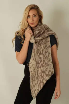 Beige Asymmetric Animal Print Blanket Scarf