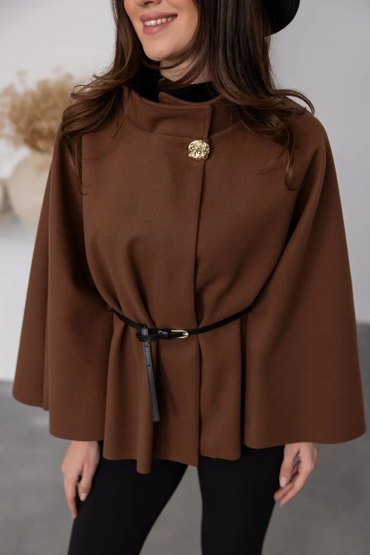 Belt Detail Poncho - BROWN