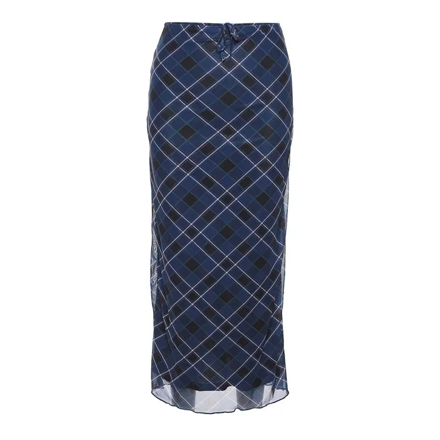 Blue Plaid Cute Long Skirt Gyaru Fashion Japanese Y2k Harajuku Streetwear Women Maxi Skirt Vintage Clothes P71-CH27