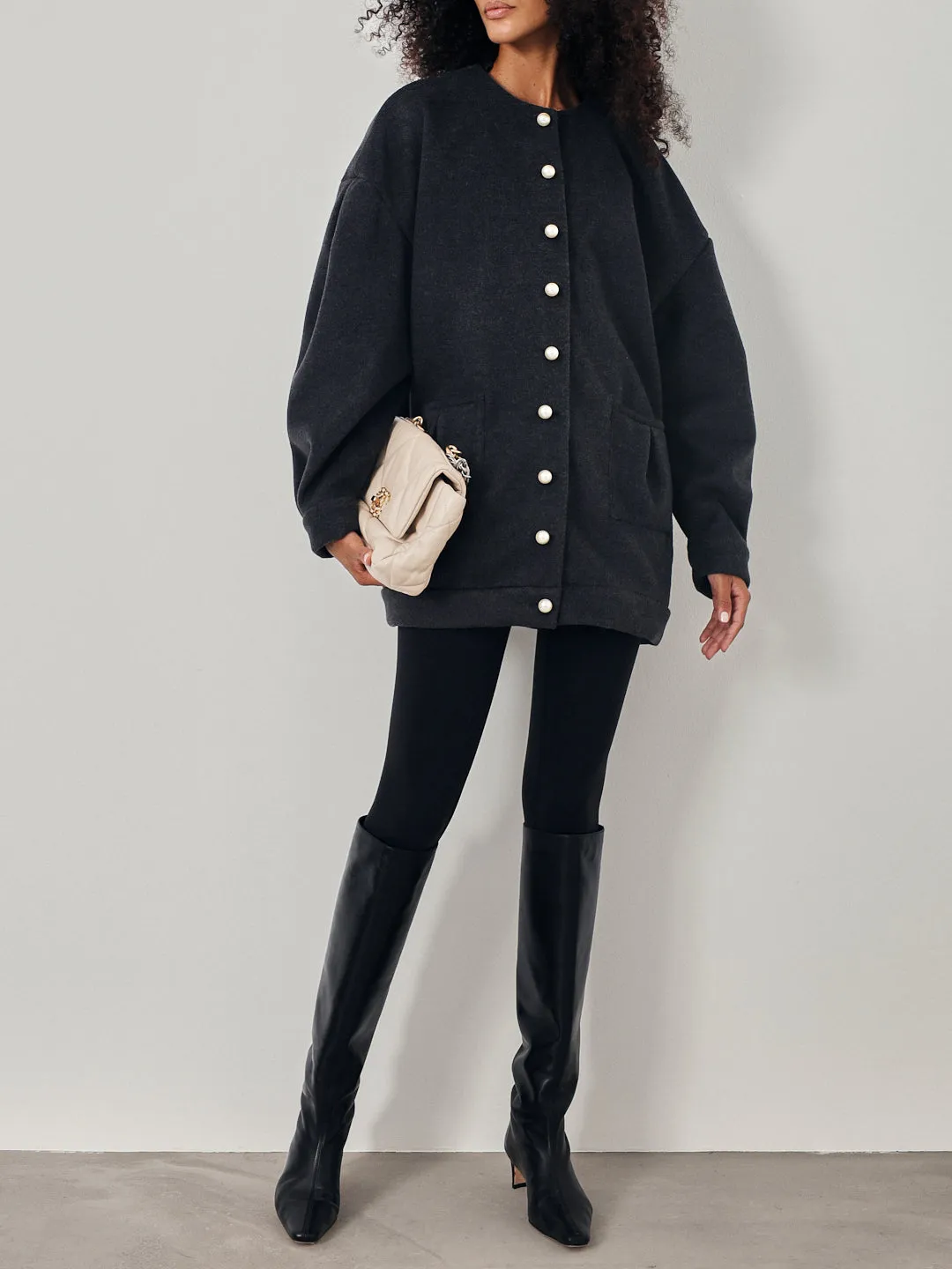 Corrine Pearl Button Cardigan Coat | Charcoal