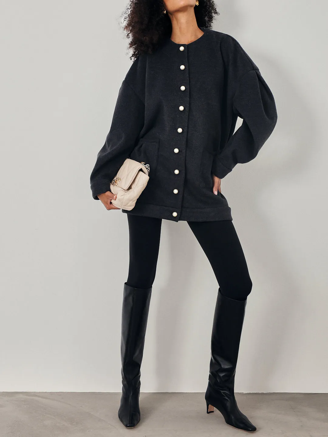 Corrine Pearl Button Cardigan Coat | Charcoal