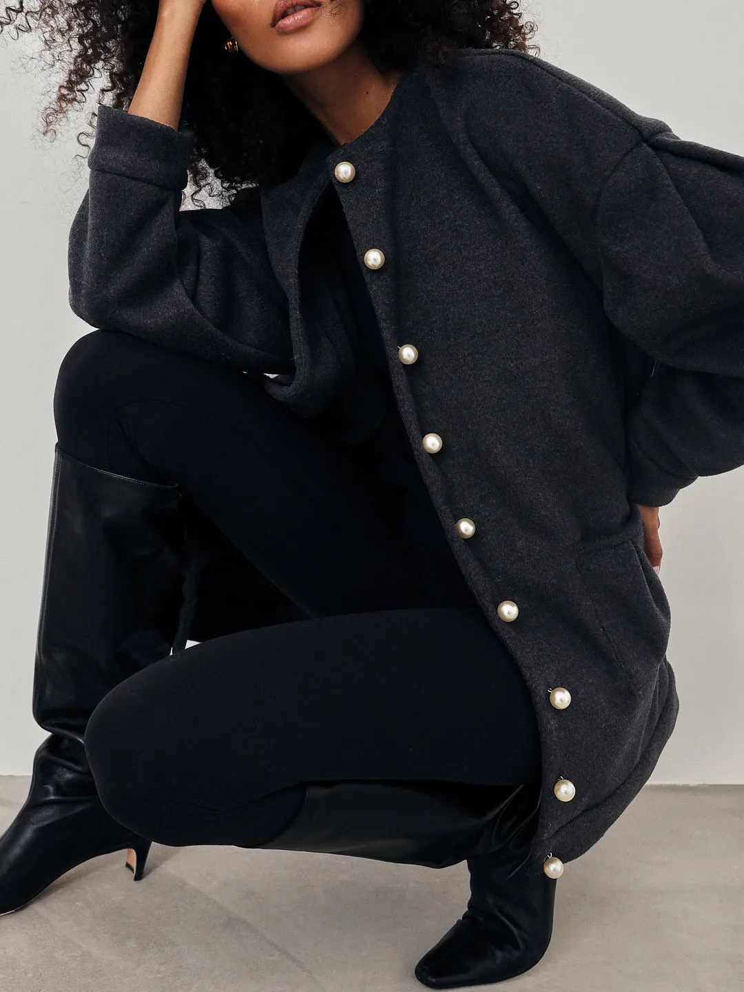 Corrine Pearl Button Cardigan Coat | Charcoal