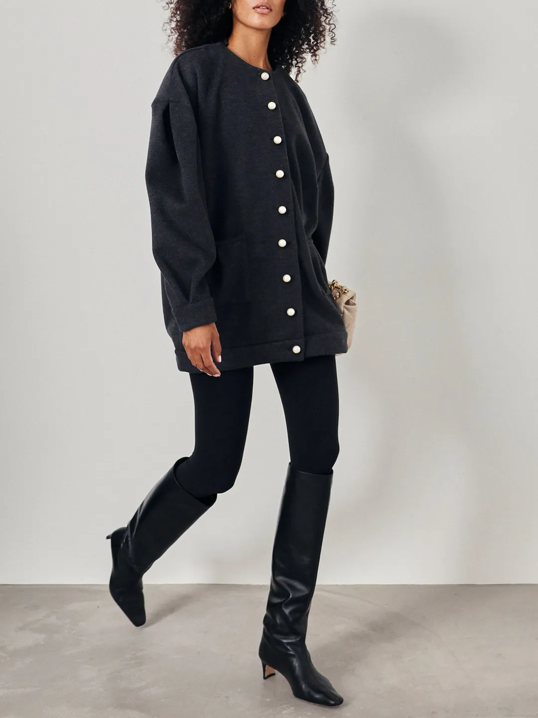 Corrine Pearl Button Cardigan Coat | Charcoal