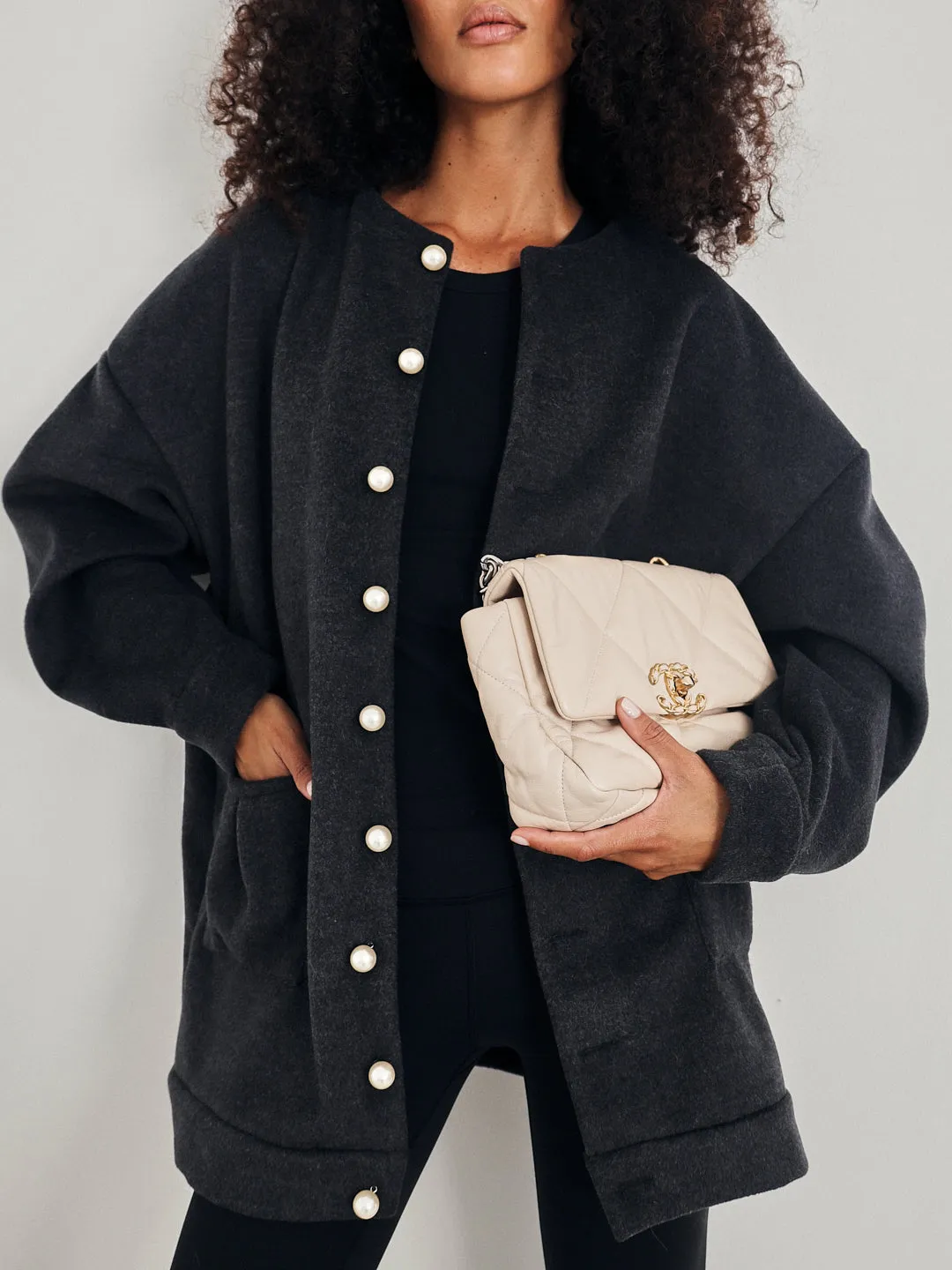 Corrine Pearl Button Cardigan Coat | Charcoal