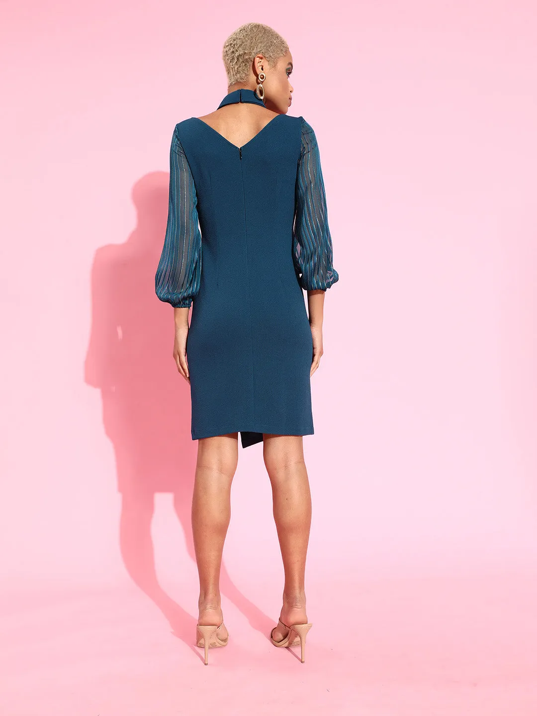 Crease Ease Women's Teal Shawl Collar Bishop Sleeves Solid Knee Length Blazer Dress