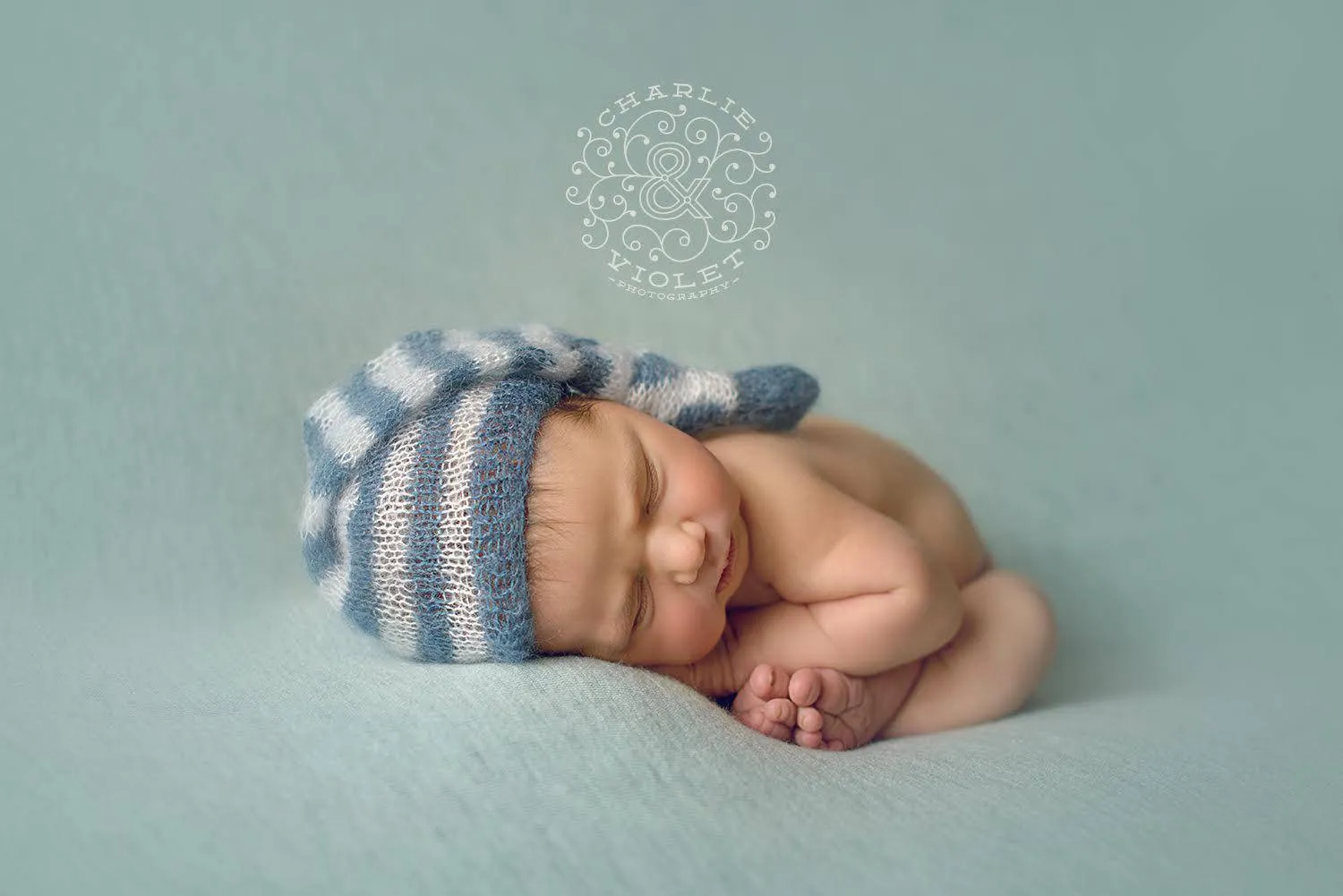 Denim Blue and Cream Newborn Mohair Pixie Baby Hat