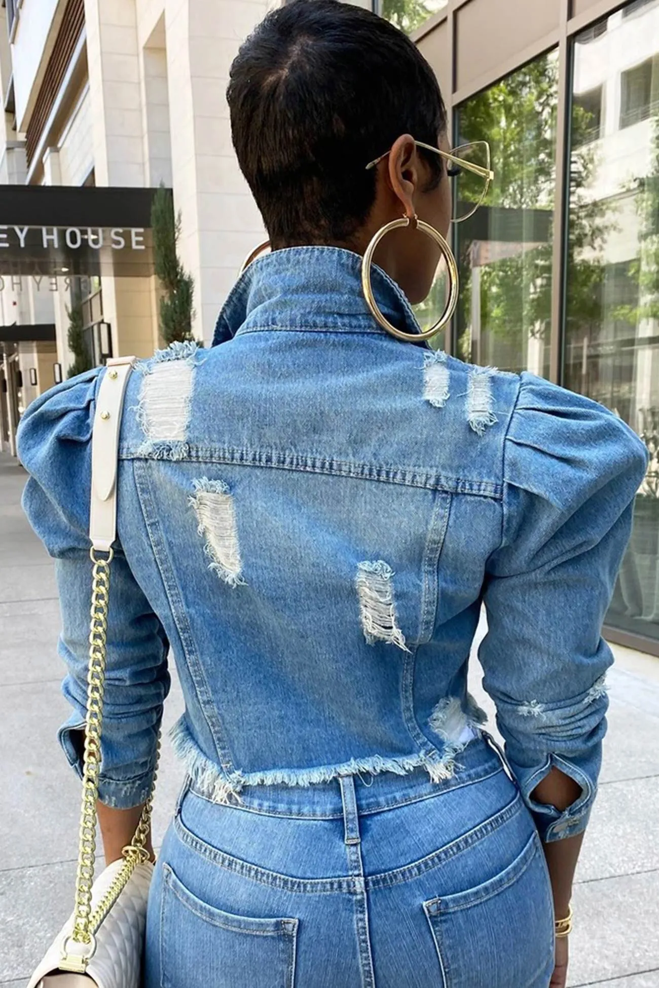 Distressed Puff Sleeve Denim Coat