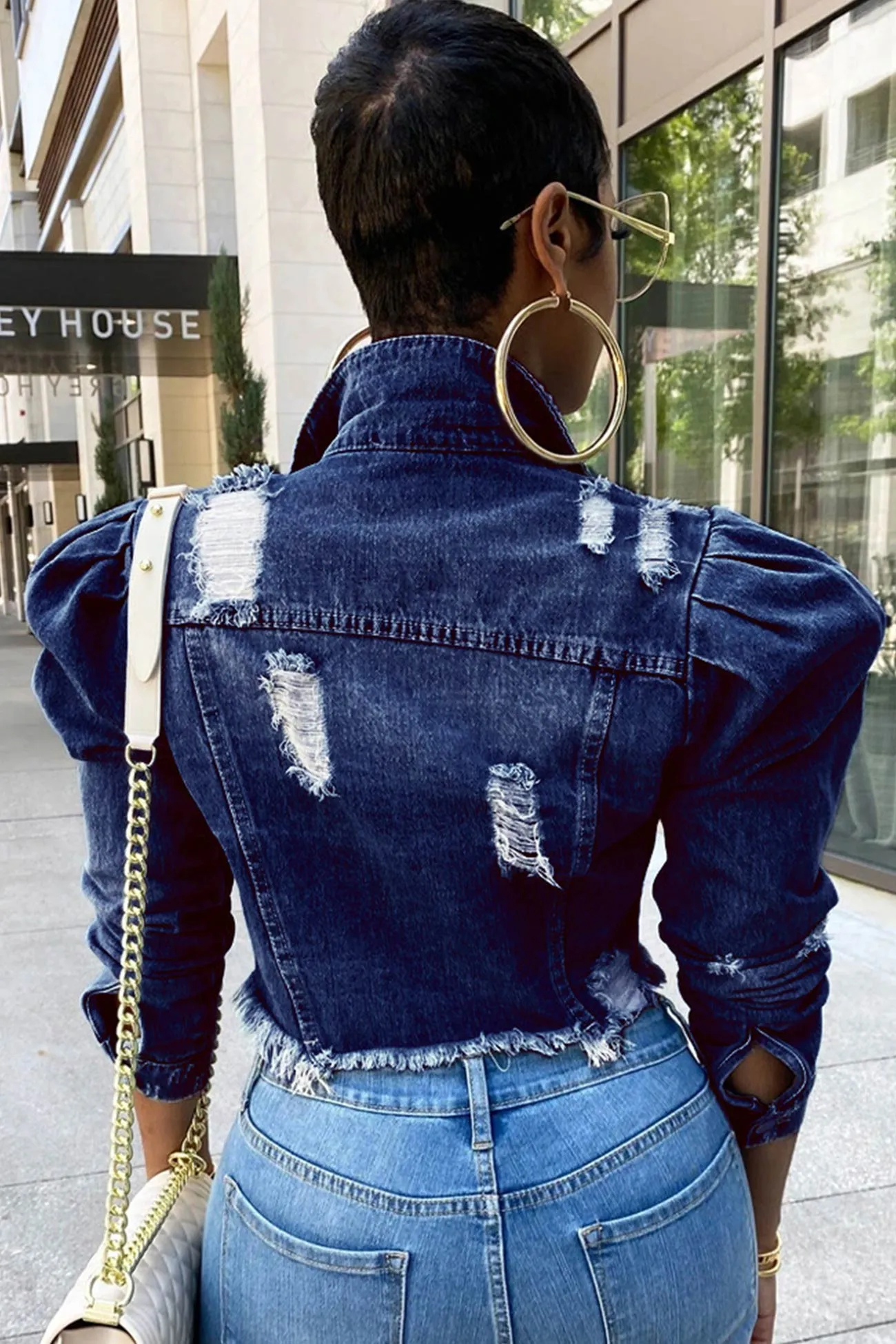 Distressed Puff Sleeve Denim Coat