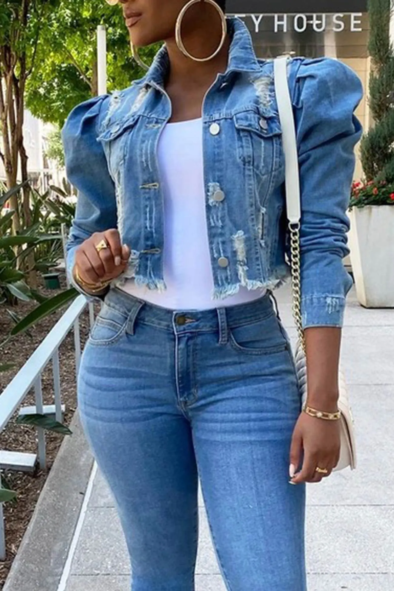 Distressed Puff Sleeve Denim Coat