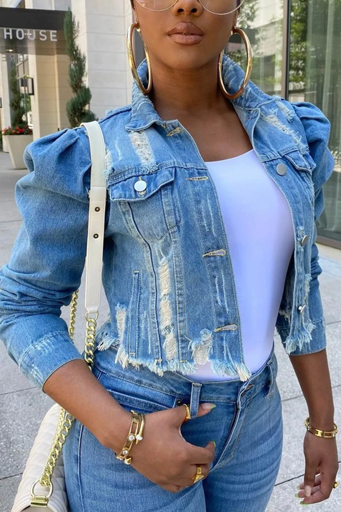 Distressed Puff Sleeve Denim Coat