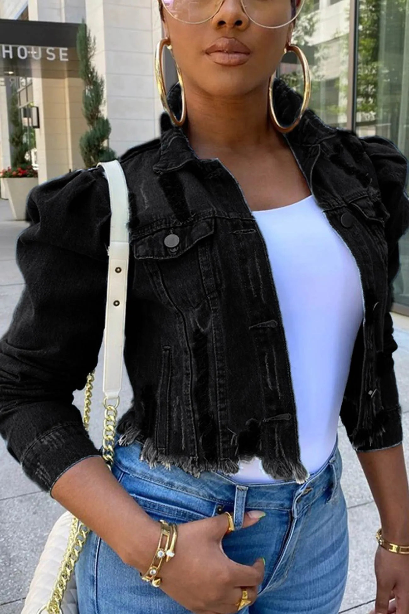 Distressed Puff Sleeve Denim Coat
