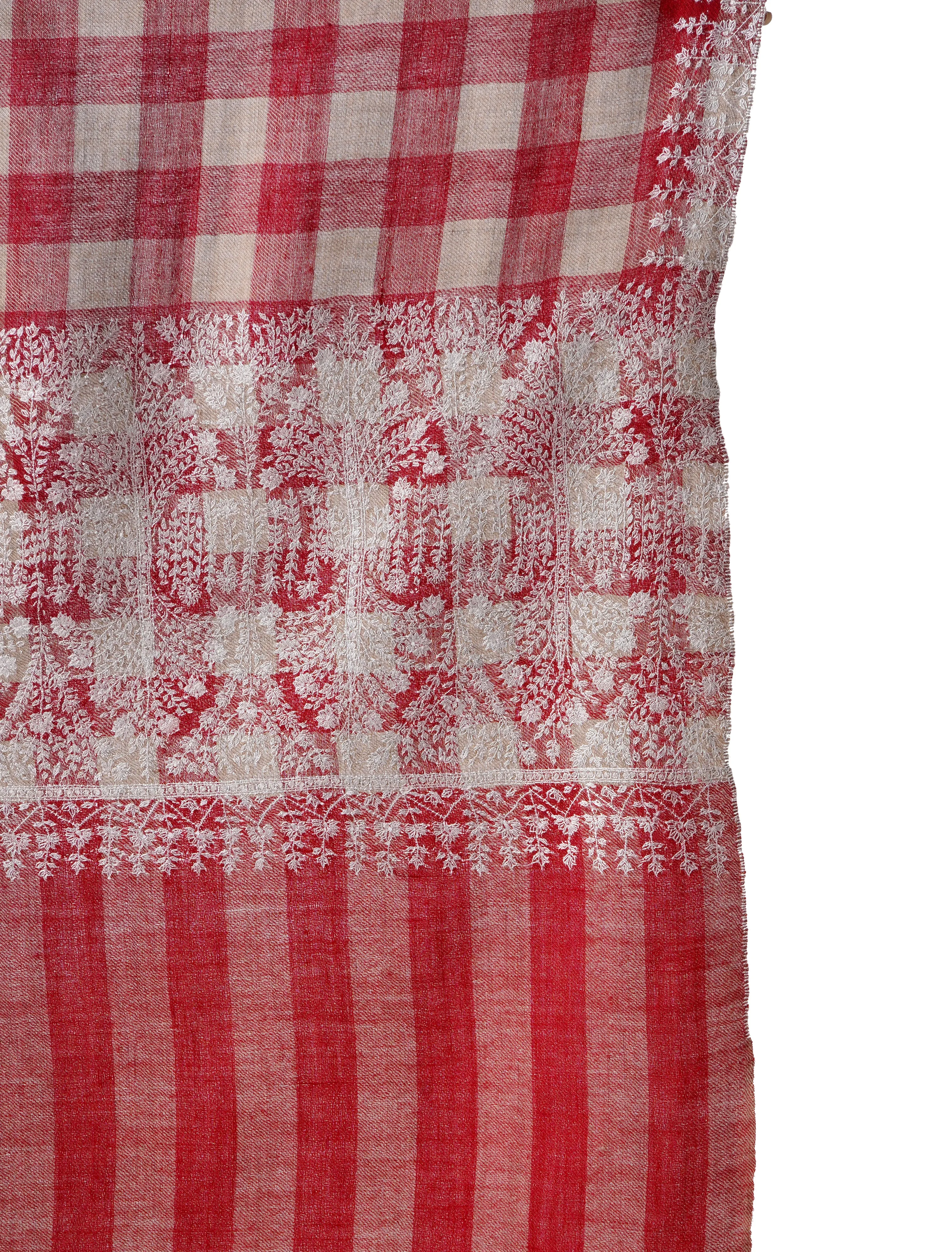 Elegant Checkered Pashmina Shawl with Hand Embroidery - Red & Beige