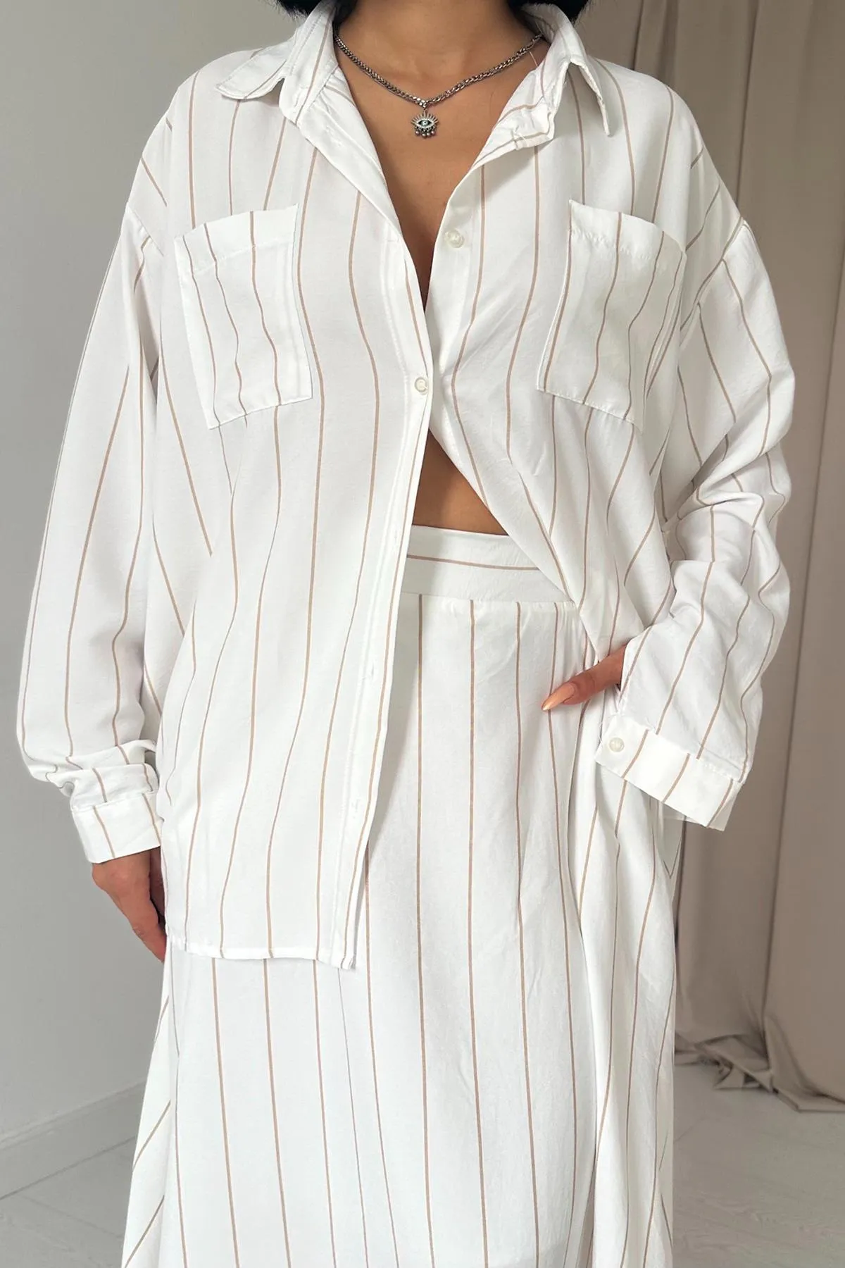 ELS Striped Shirt and Skirt Set - Brown - Plauen