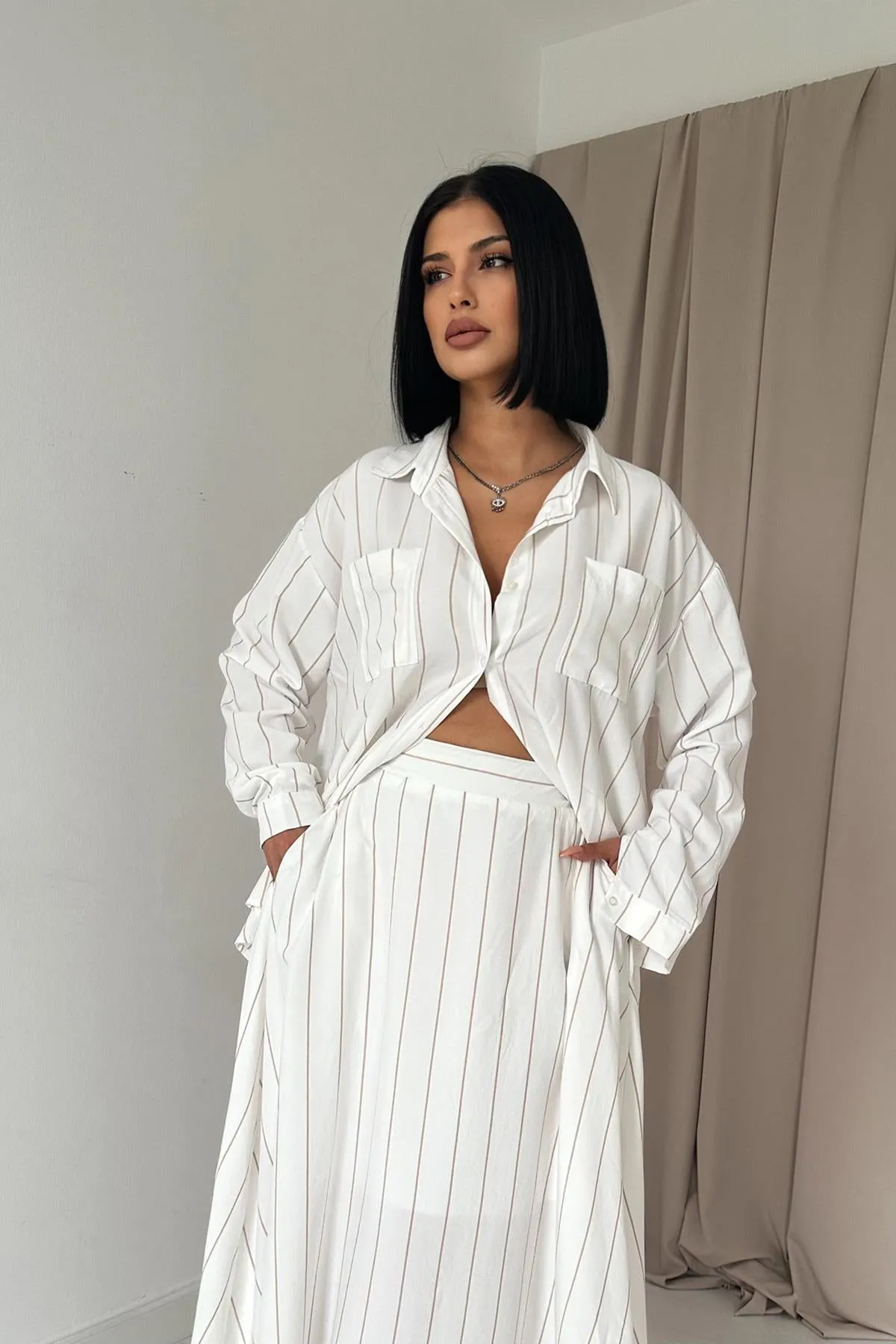 ELS Striped Shirt and Skirt Set - Brown - Plauen
