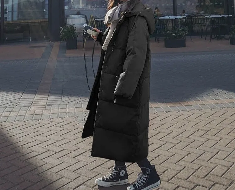 Fashionkova  Womens Hooded Down Parka Puffer Mid Length Jacket Winter Baggy Thickening Warm Korean Fashion Down Cotton Coat Oversized Outwear