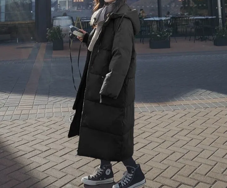 Fashionkova  Womens Hooded Down Parka Puffer Mid Length Jacket Winter Baggy Thickening Warm Korean Fashion Down Cotton Coat Oversized Outwear