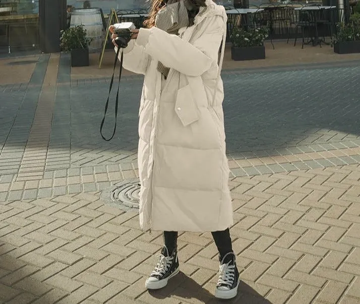 Fashionkova  Womens Hooded Down Parka Puffer Mid Length Jacket Winter Baggy Thickening Warm Korean Fashion Down Cotton Coat Oversized Outwear