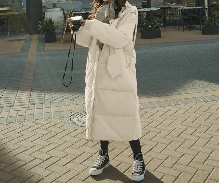 Fashionkova  Womens Hooded Down Parka Puffer Mid Length Jacket Winter Baggy Thickening Warm Korean Fashion Down Cotton Coat Oversized Outwear
