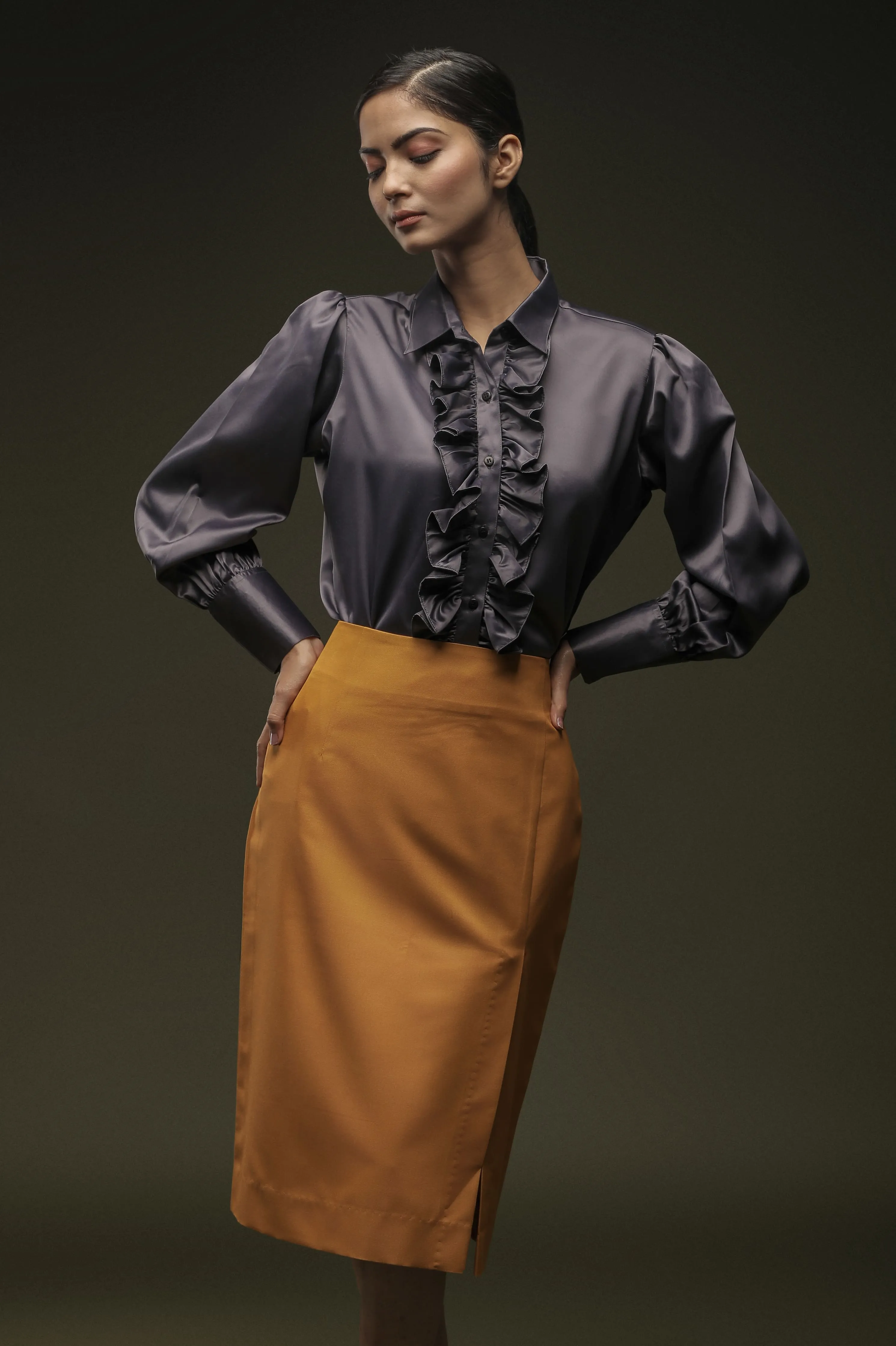 Grey Frill Satin Shirt