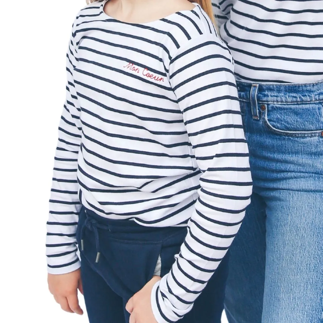 Kid's White & Navy stripe ‘Mon Coeur’ Embroidered long sleeve tee.
