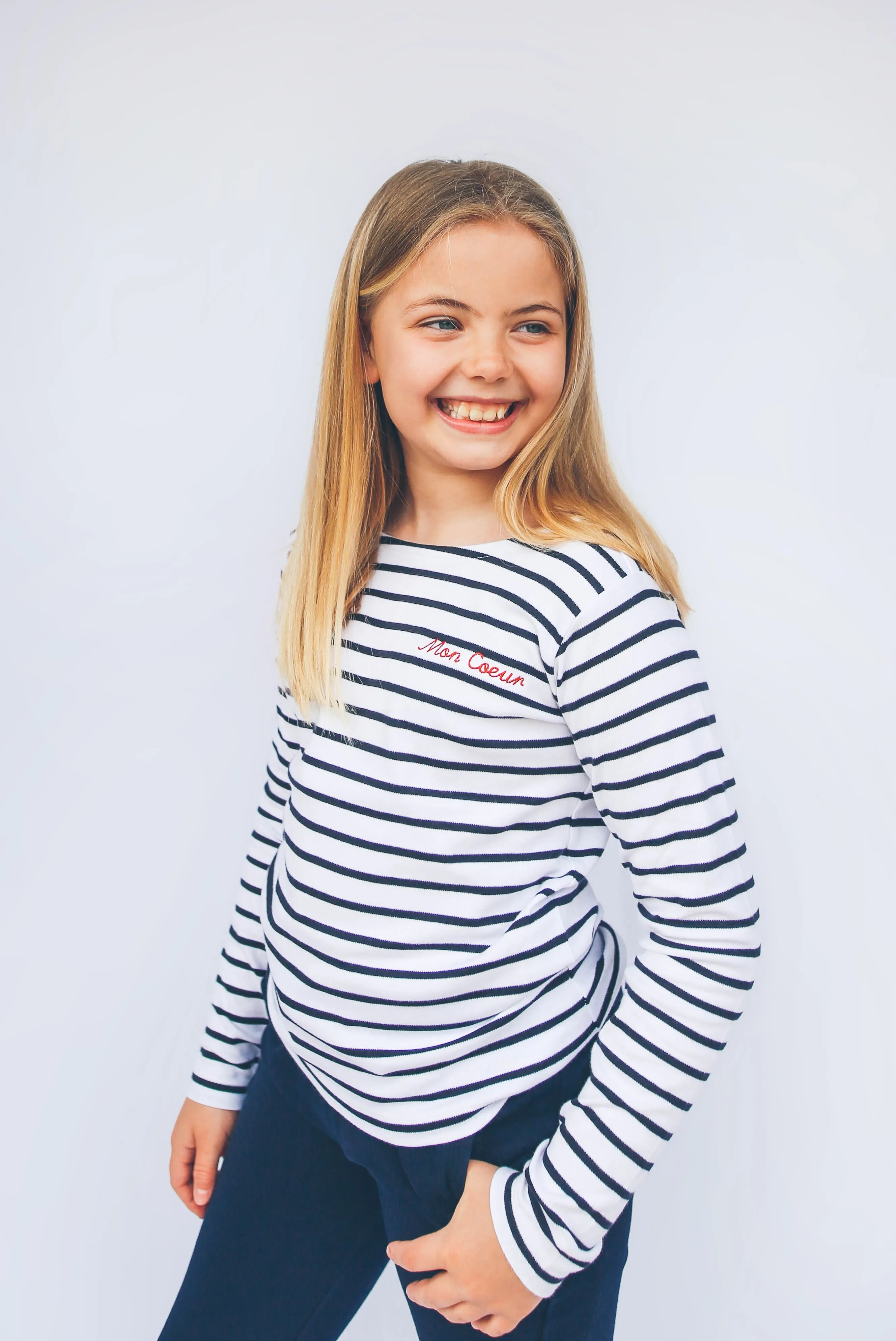 Kid's White & Navy stripe ‘Mon Coeur’ Embroidered long sleeve tee.