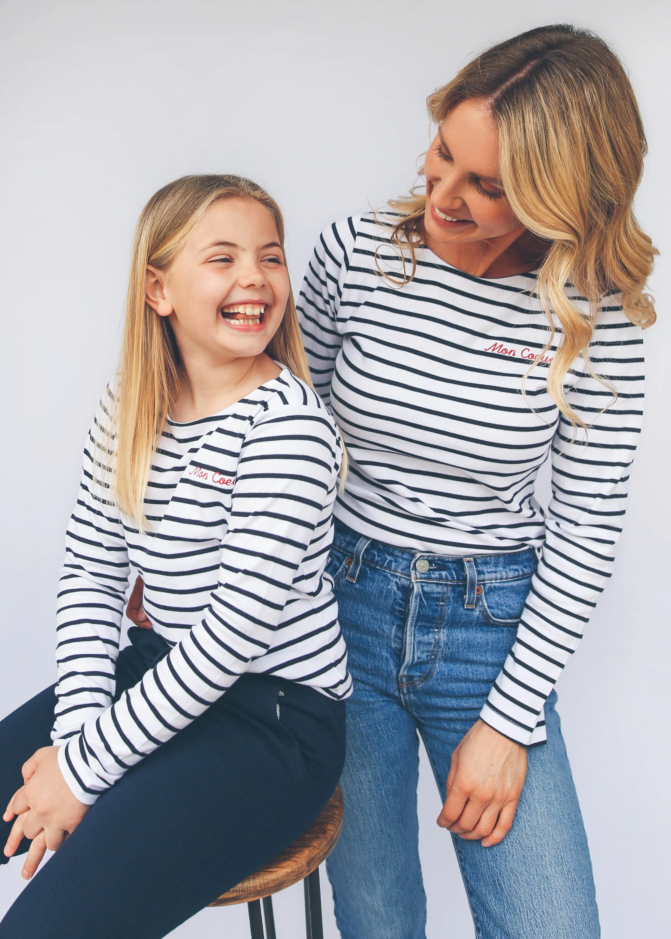 Kid's White & Navy stripe ‘Mon Coeur’ Embroidered long sleeve tee.