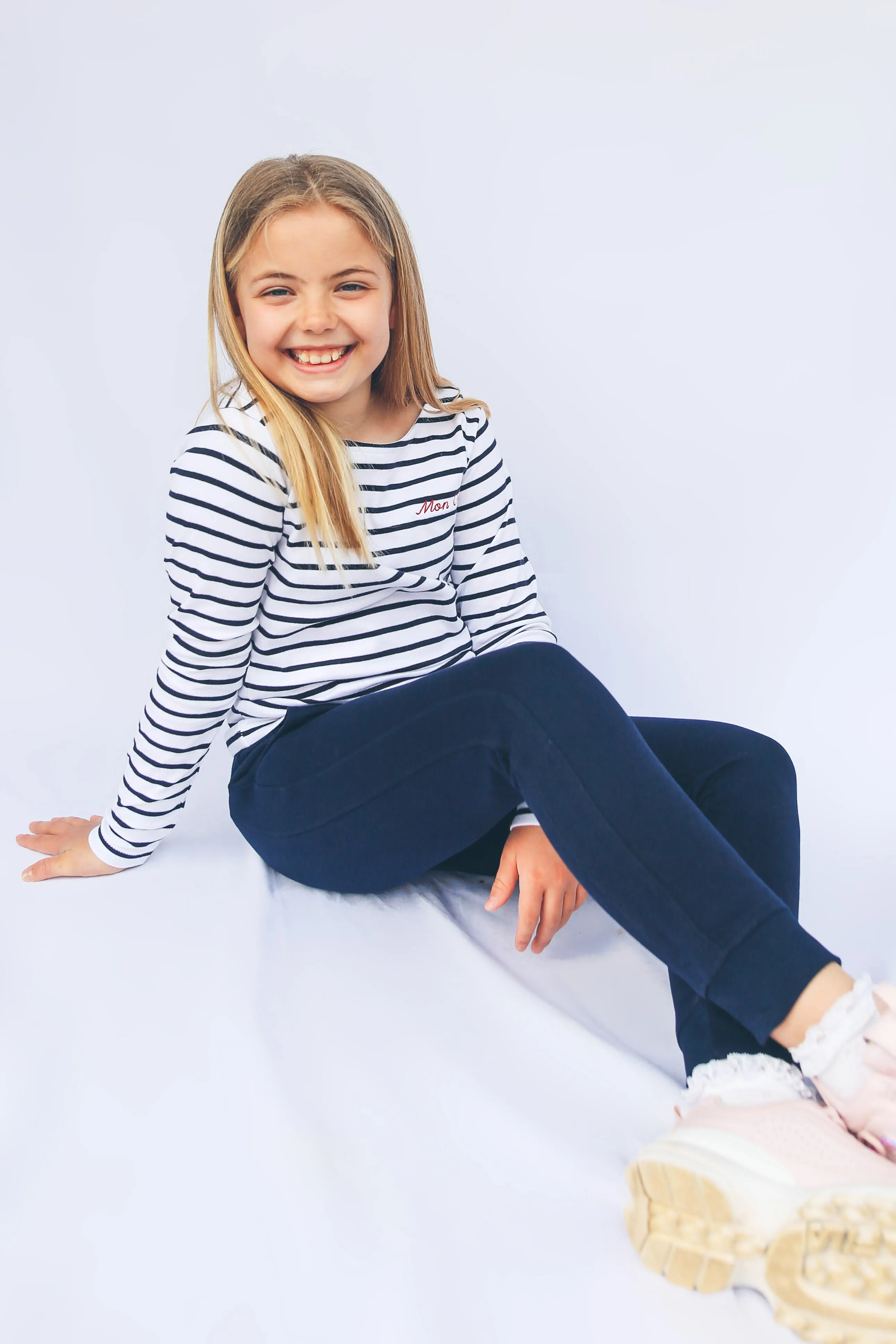 Kid's White & Navy stripe ‘Mon Coeur’ Embroidered long sleeve tee.
