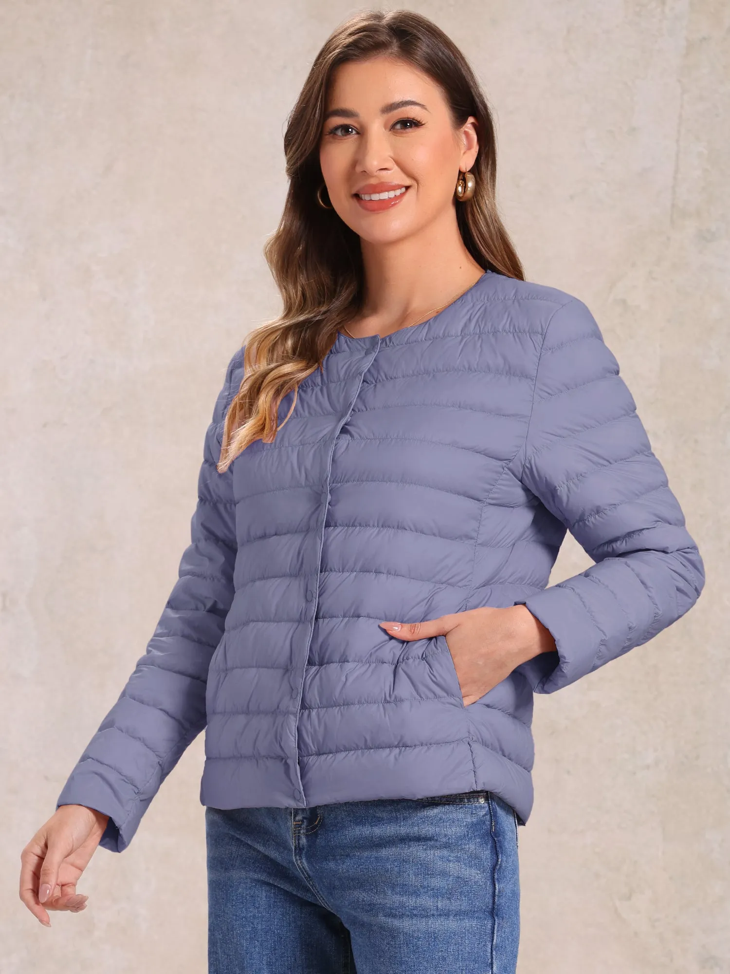 Lightweight Button Down Packable Long Sleeve Puffer Jacket
