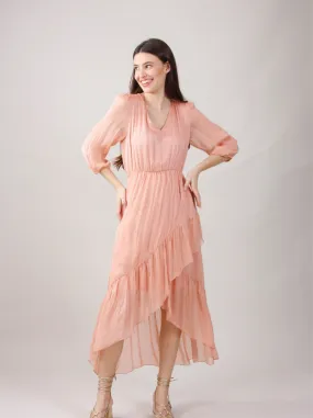 Myom Silk Ruffle V-Neck Midi Dress