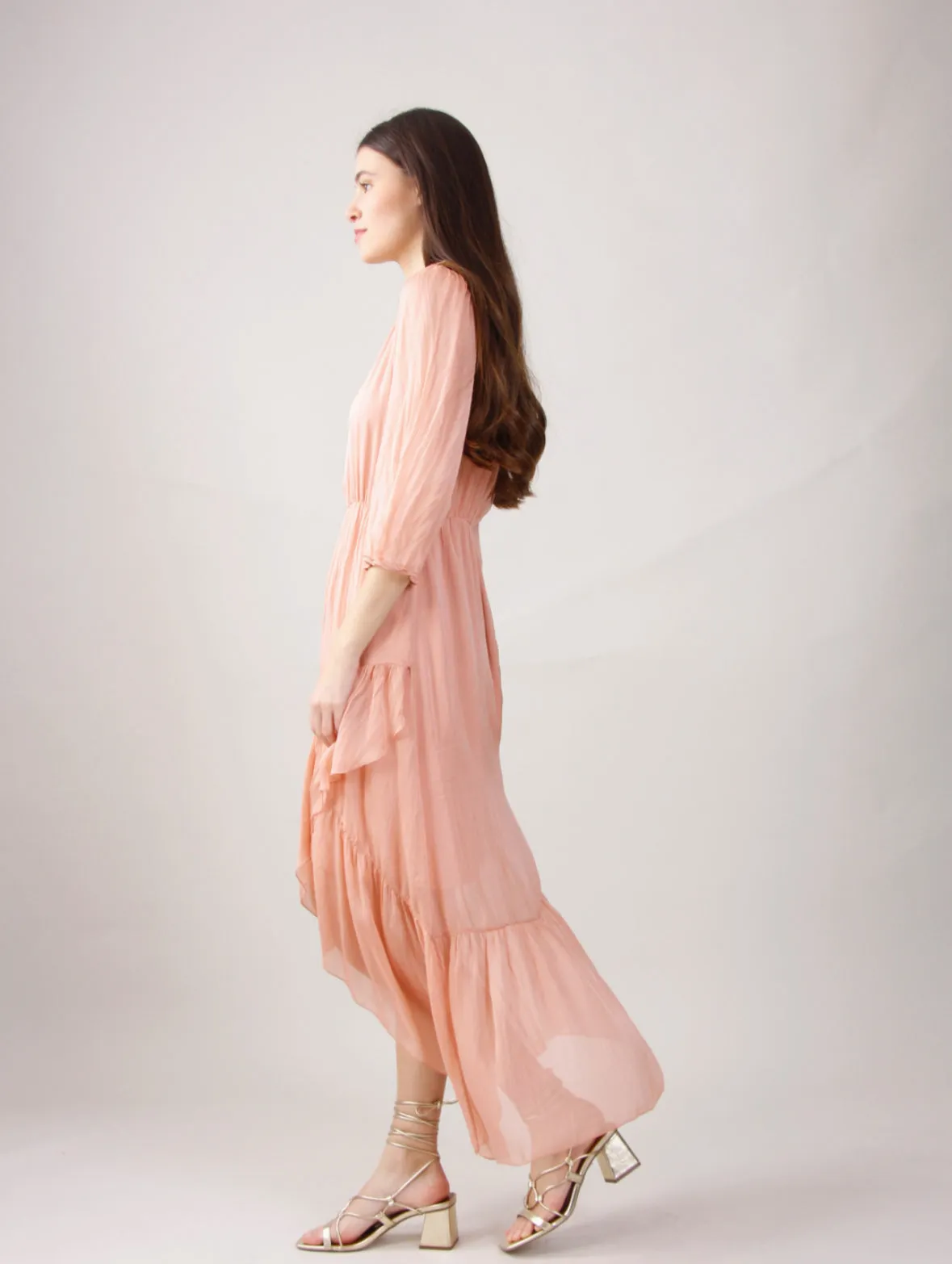 Myom Silk Ruffle V-Neck Midi Dress