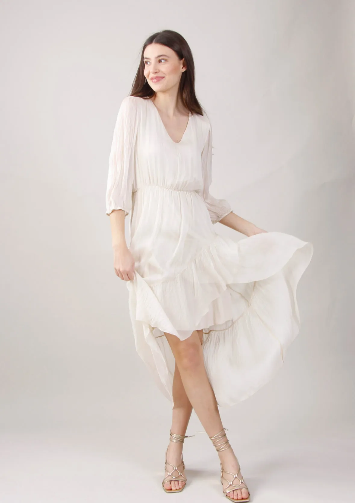 Myom Silk Ruffle V-Neck Midi Dress