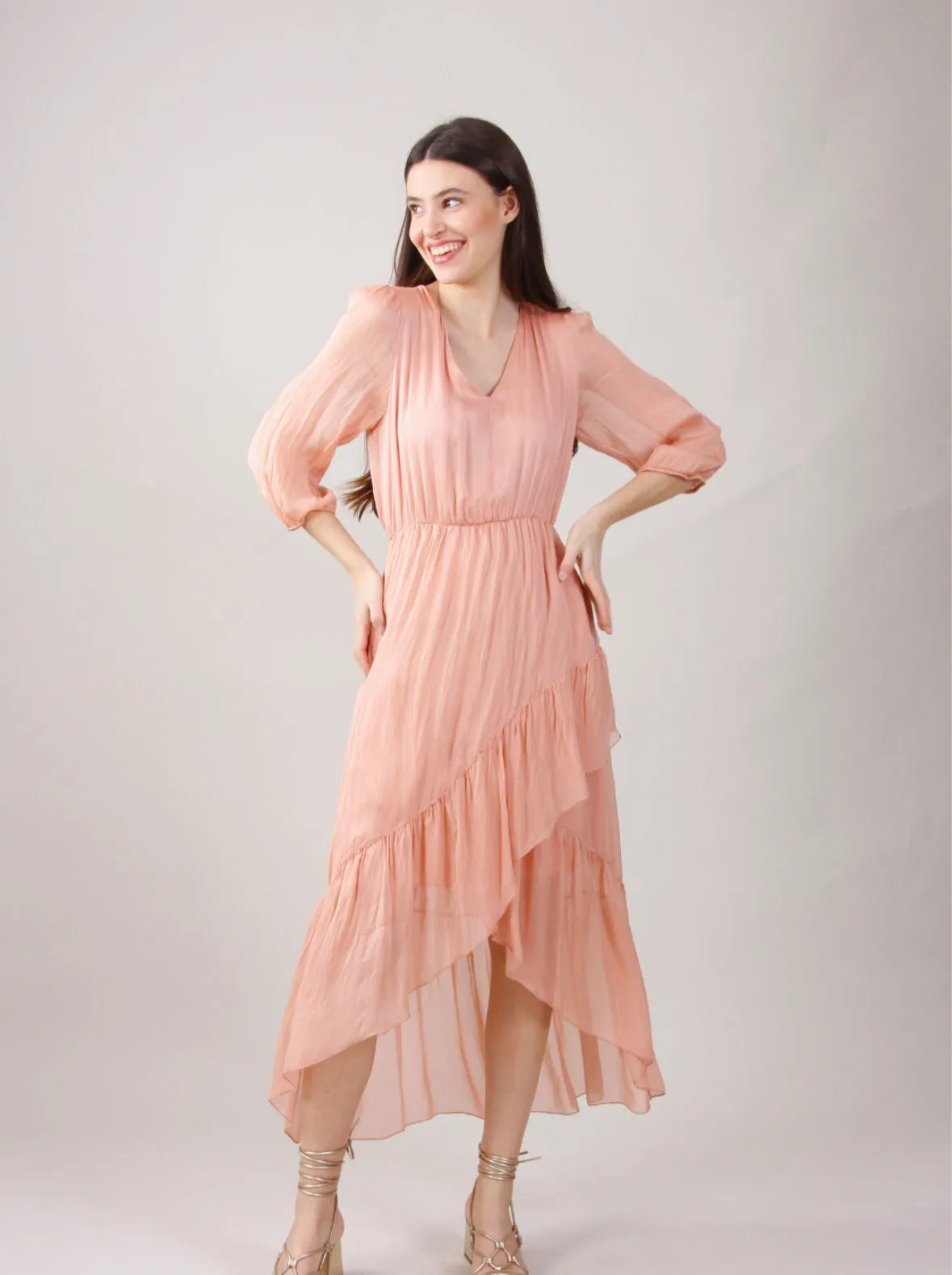 Myom Silk Ruffle V-Neck Midi Dress