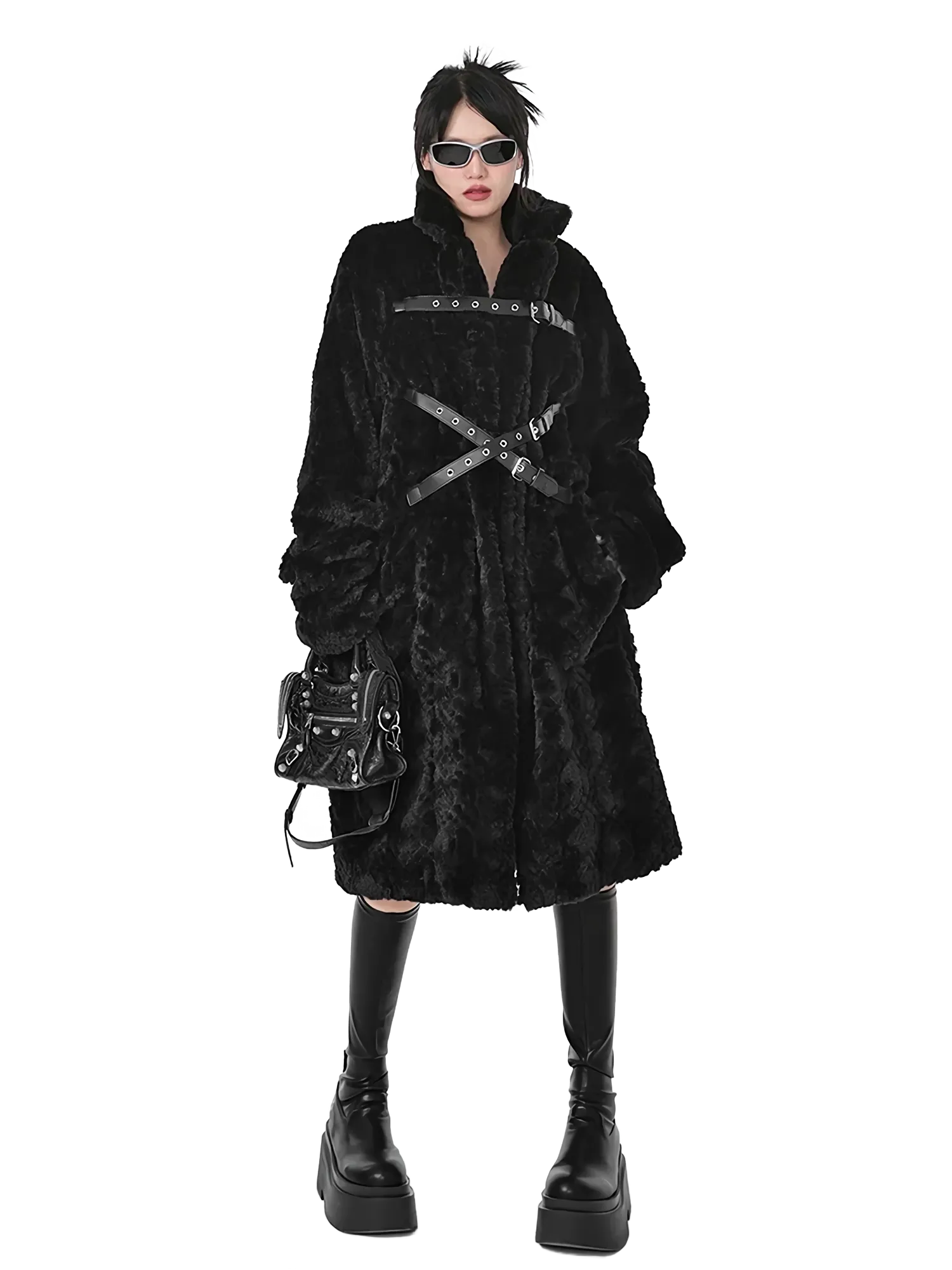 'Raven' Black Fur Coat with Adjustable Strap Closure