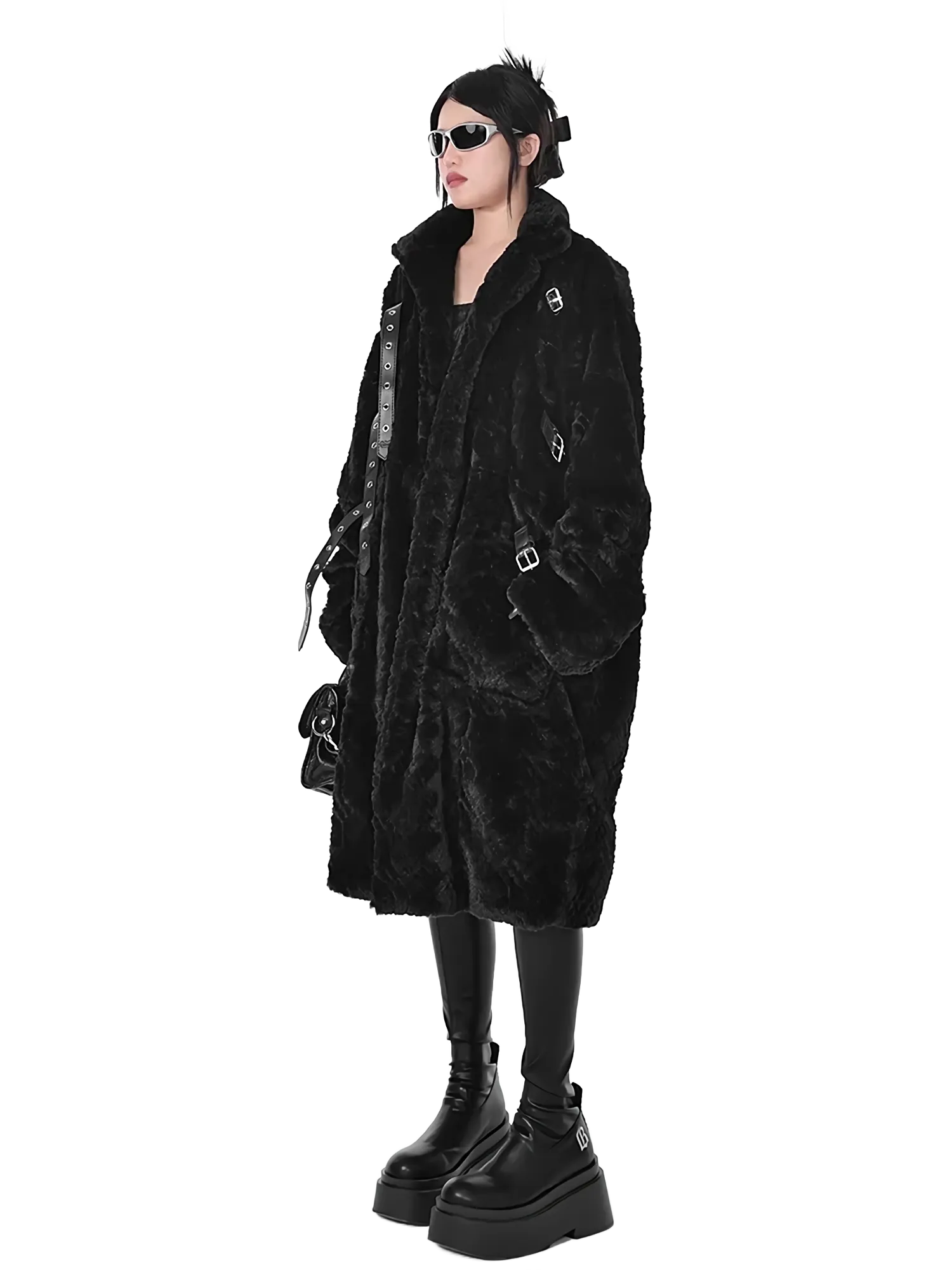 'Raven' Black Fur Coat with Adjustable Strap Closure
