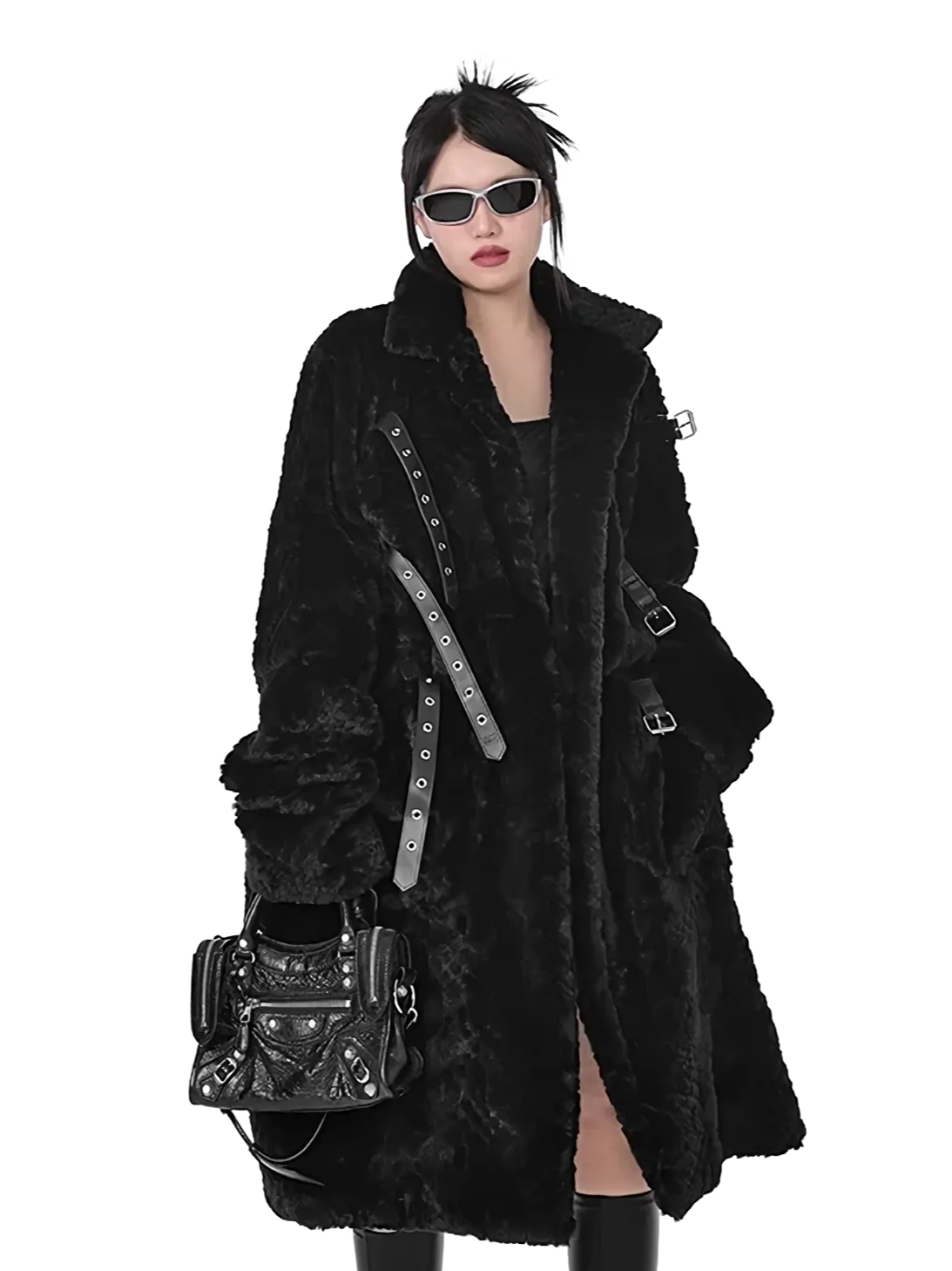'Raven' Black Fur Coat with Adjustable Strap Closure