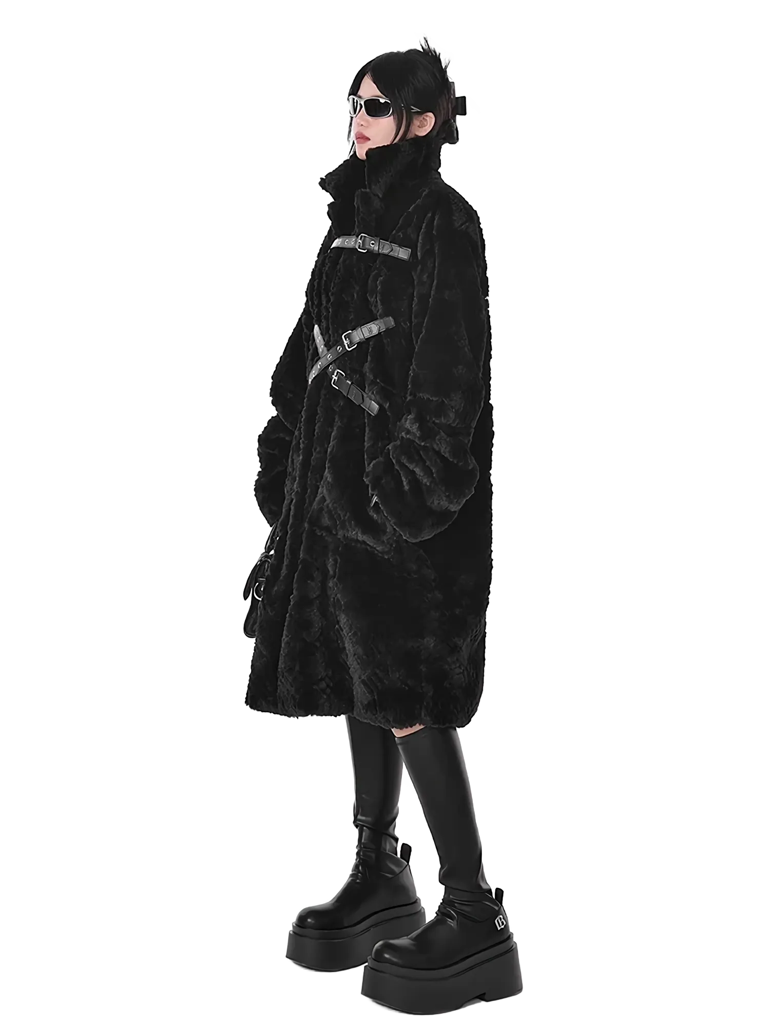 'Raven' Black Fur Coat with Adjustable Strap Closure