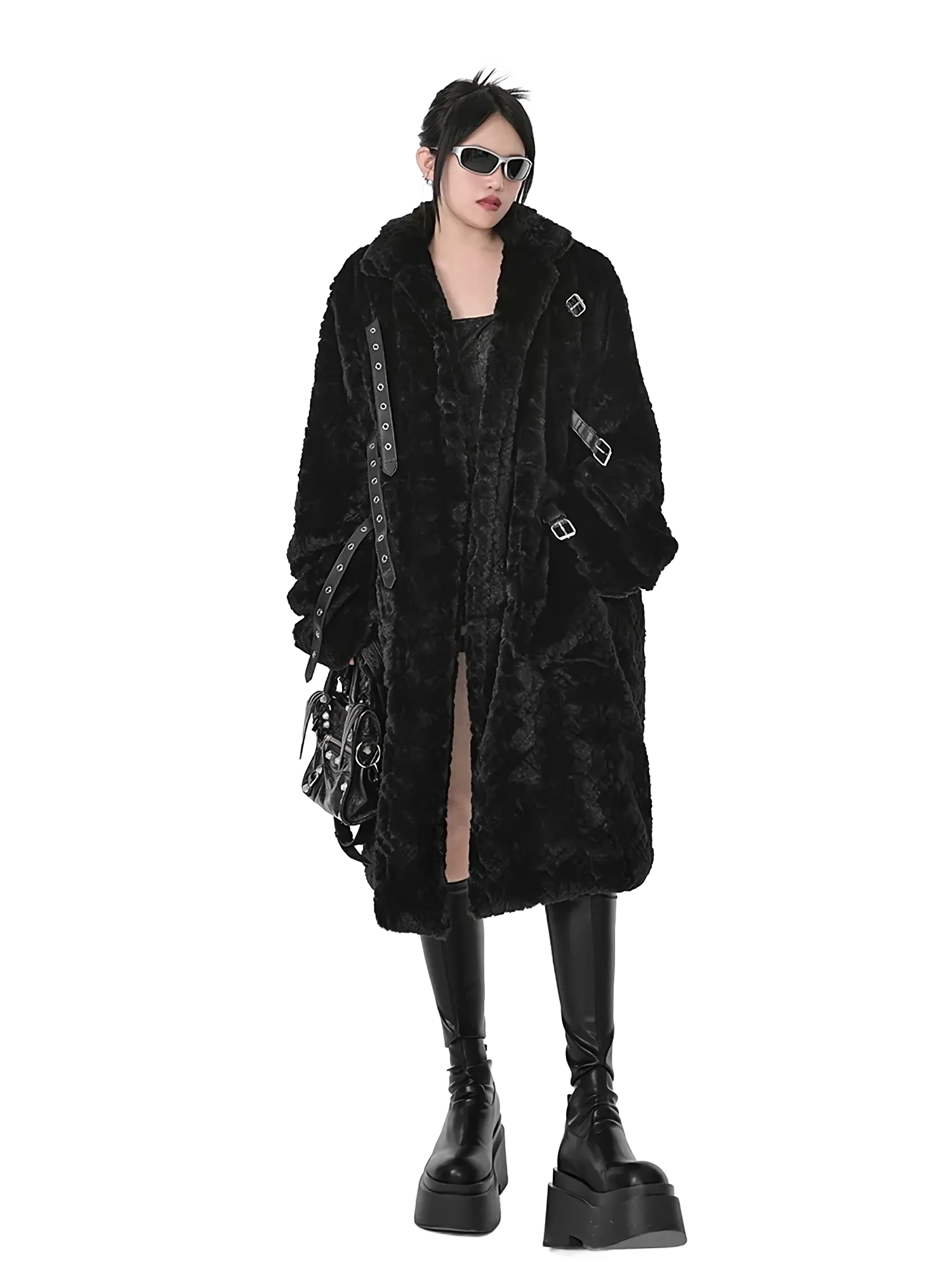 'Raven' Black Fur Coat with Adjustable Strap Closure