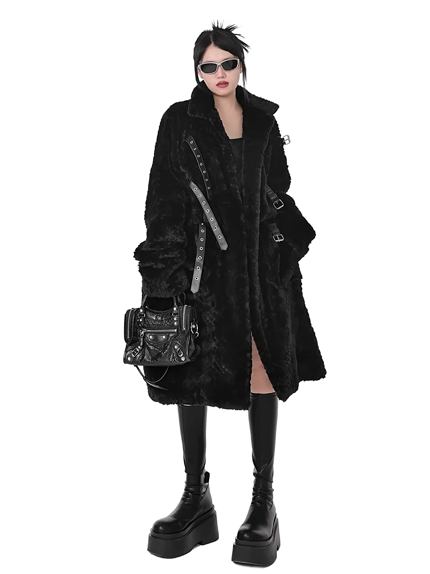 'Raven' Black Fur Coat with Adjustable Strap Closure