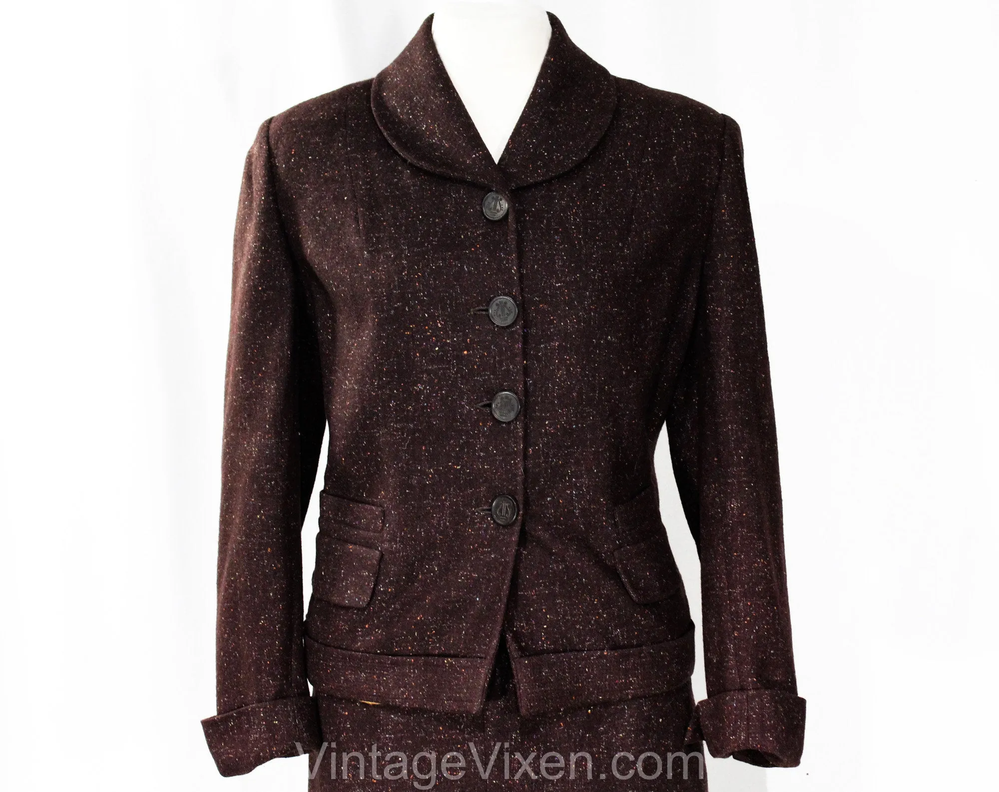 Size 2 Tweed Suit - XS Small 1950s Brown Flecked Wool Jacket & Pencil Skirt- 50s 60s Office Wear - Musical Lyre Wooden Buttons - Waist 24