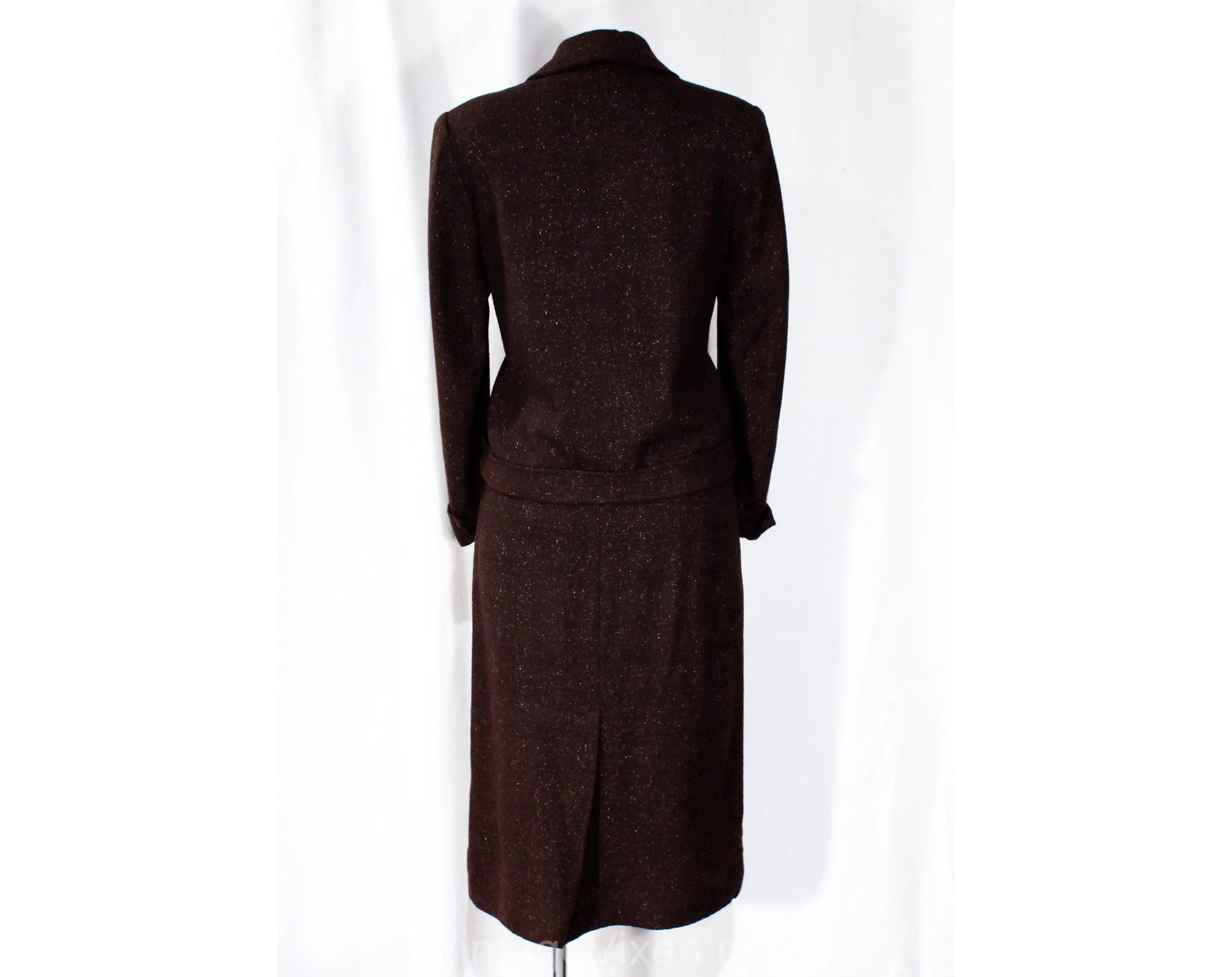 Size 2 Tweed Suit - XS Small 1950s Brown Flecked Wool Jacket & Pencil Skirt- 50s 60s Office Wear - Musical Lyre Wooden Buttons - Waist 24