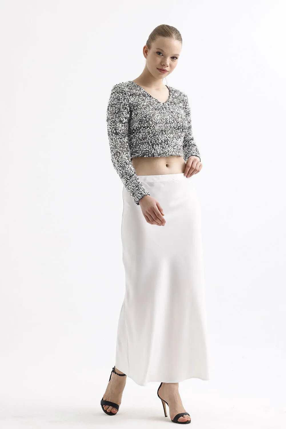 SNS Sense Ecru Color Elastic High Quality Z. Satin Long Skirt - Wedel