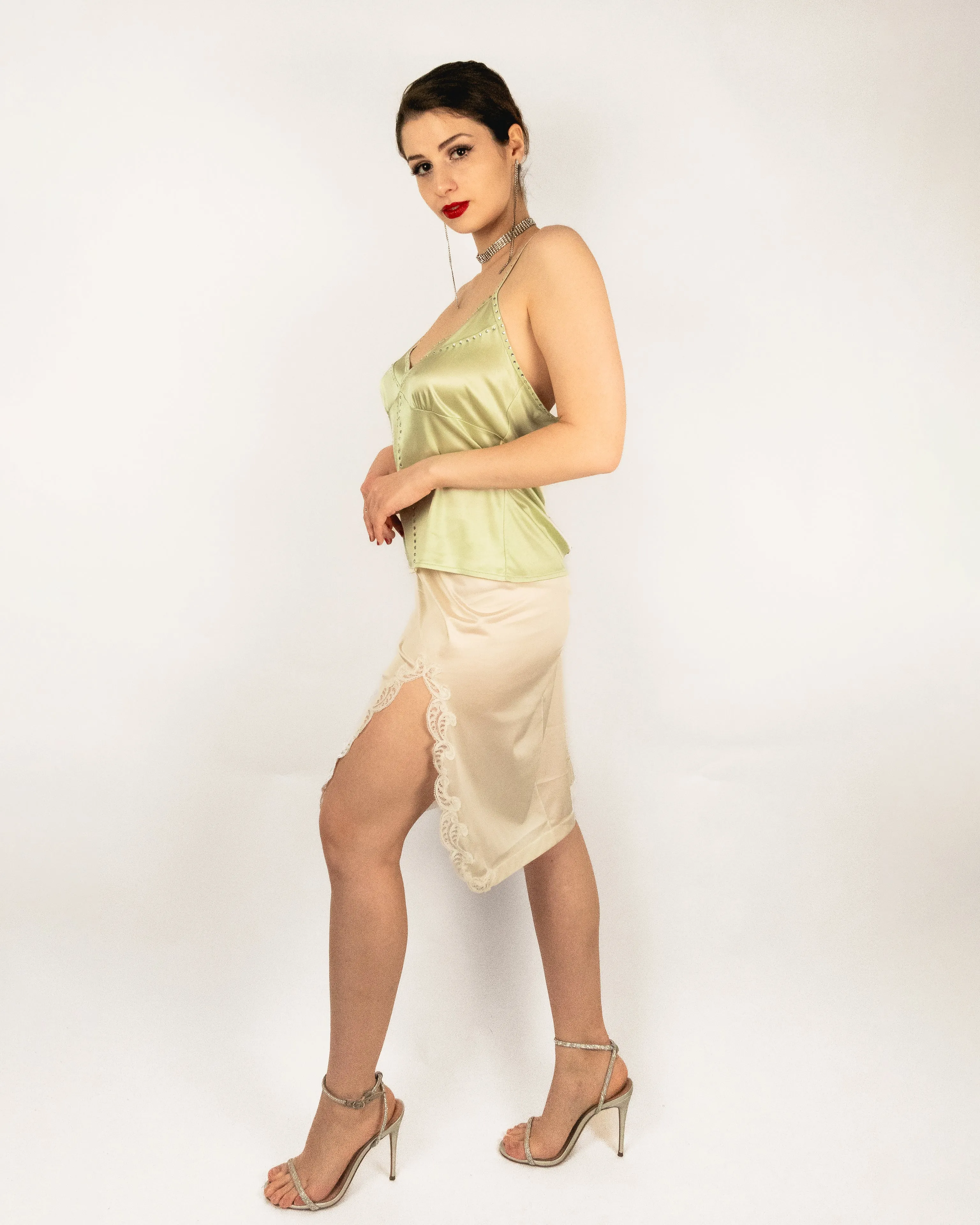 Vintage Mini Slip Skirt with Slit Cream