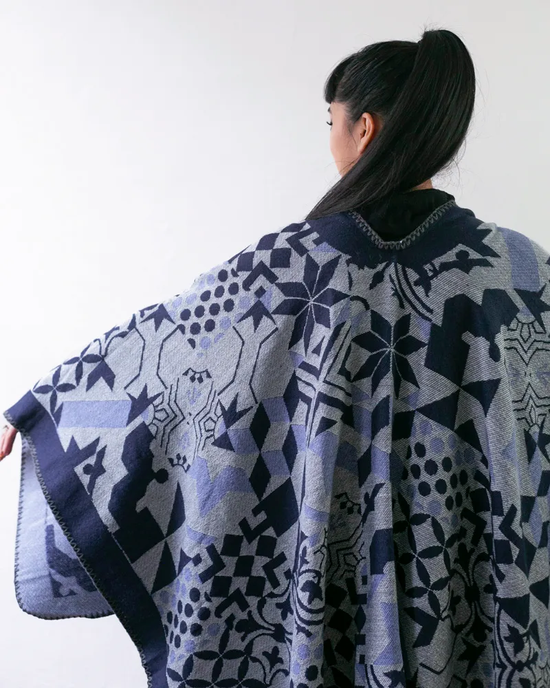 Wa-Modern Poncho, Multi Pattern, Dark Navy, Gray and Sky Blue